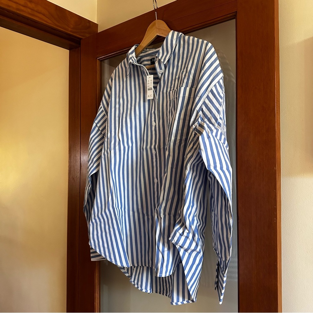 J. Crew Blue and White Striped Casual Shirt, Oversized.